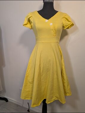 Yellow Fit-and-Flare Dress with Button Detail